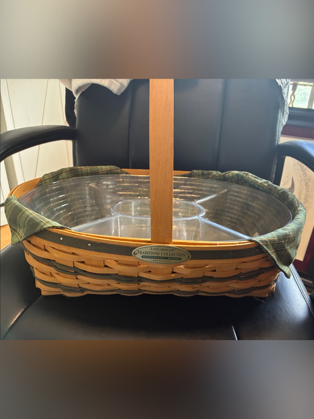 Longaberger Brown Basket with Green Plaid Liner and Clear Glass Insert